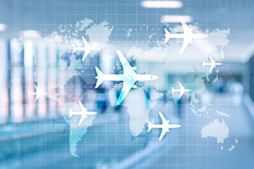 World map with flight routes airplanes. Global Aviation Business Tourism. Double exposure background