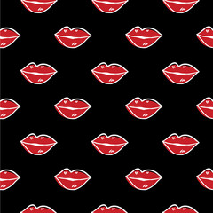 Seamless vector pattern with Red Lips drawing in cartoon style with white contour on black background.