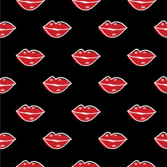 Seamless vector pattern with Red Lips drawing in cartoon style with white contour on black background.