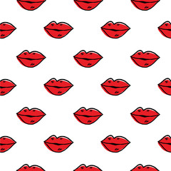 Seamless vector pattern with Red Lips drawing in cartoon style with white contour on white background.