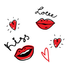Hand drawn red lips with black text and contour hearts vector illustration on white background. Lipstick kiss.  Fashion illustration.