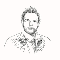 Portrait of handsome young unshaven man with shaggy hair and with satisfied enlightened look, Hand drawn isolated vector sketch