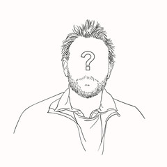 Vector sketch of man's portrait with question sign on empty face, Hand drawn illustration isolated