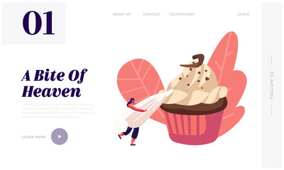 Bakery and Sweet Food Website Landing Page. Tiny Woman Decorate Huge Chocolate Cupcake with Cream in Pastry Bag. Muffin Treat Confectionery Dessert Web Page Banner. Cartoon Flat Vector Illustration