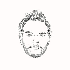 Isolated head of unshaven man with shaggy hair and with satisfied enlightened look, Hand drawn vector sketch