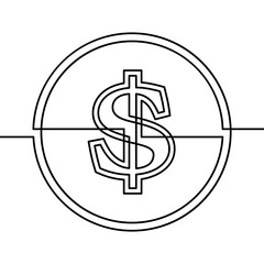Continuous line drawing of dollar sign in circle, Black and white vector minimalist illustration