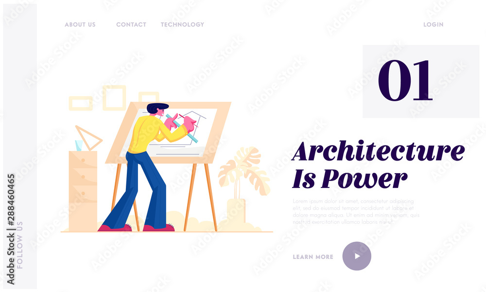 Poster building engineering profession website landing page. man architect and construction engineer work o