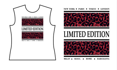T shirt print design with leopard stripes and names of city and limited edition slogan.