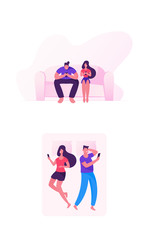 Young Couple Man and Woman Lying Apart in Bed, Sitting on Couch with Smartphones for Social Networking Reading News Watching Video Searching Internet