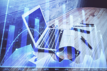 Multi exposure of forex chart and work space with computer. Concept of international online trading.