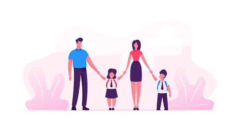 Mother and Father Leading their Children to School. Portrait of Modern Family Walking Together. Parents and Kids in Students Uniform Holding Hands. Back to School. Cartoon Flat Vector Illustration