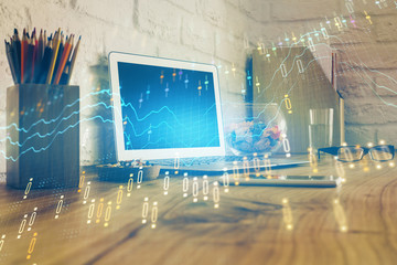 Multi exposure of forex graph and work space with computer. Concept of international online trading.