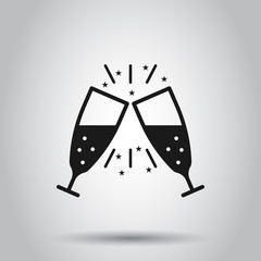 Champagne glass icon in flat style. Alcohol drink vector illustration on isolated background. Cocktail business concept.