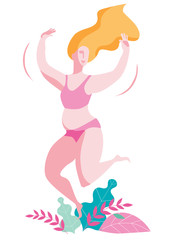 A happy plump woman in a pink bathing suit jumps merrily among the plants. Vector illustration in light colors on the theme of bodypositive.