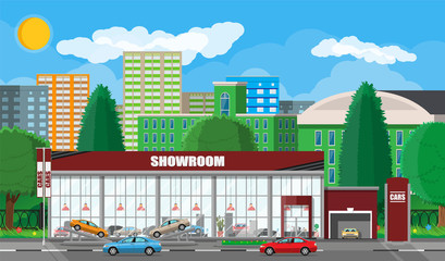 Exhibition pavilion, showroom or dealership. Car showroom building. Car center or store. Auto service and shop. Cityscape, road, house, tree, sky, cloud and sky. Vector illustration in flat style