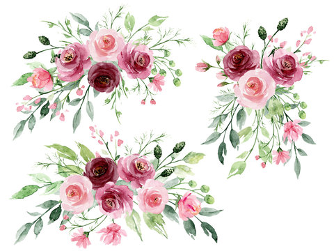 Set watercolor flowers painting, floral vintage illustrations with pink roses and leaves. Decoration for poster, greeting card, birthday, wedding design. Isolated on white background.