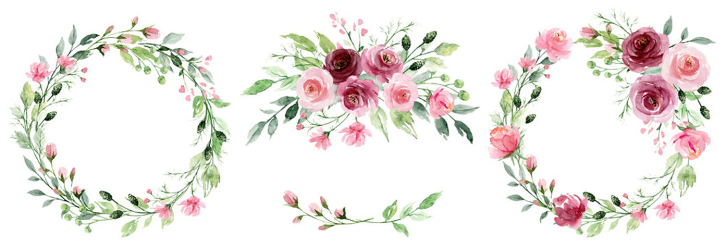 Watercolor flower wreaths. Floral clip art set. Frames perfectly for print on wedding invitation, greeting card, wall art, stickers and other. Isolated on white background. Hand paint design. 