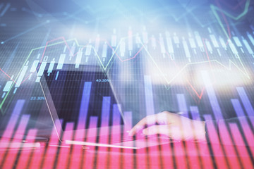 Fototapeta premium Double exposure hands with stock market chart. Concept of research and analysis.