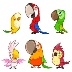 Set of six cute and funny cartoon parrots