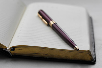 Notebook and pen close up in composition in light background. Office business concept
