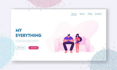 Social Network Communication, Gadget Addiction Website Landing Page. Couple Sitting on Sofa with Smartphones. Relaxing at Home with Digital Devices Web Page Banner. Cartoon Flat Vector Illustration