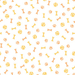 Seamless pattern with orange paw prints and bones