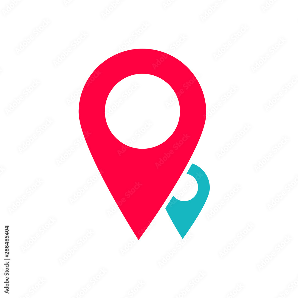 Poster map two pin pointers logotype vector sign, flat cartoon position markers symbol for gps navigation e