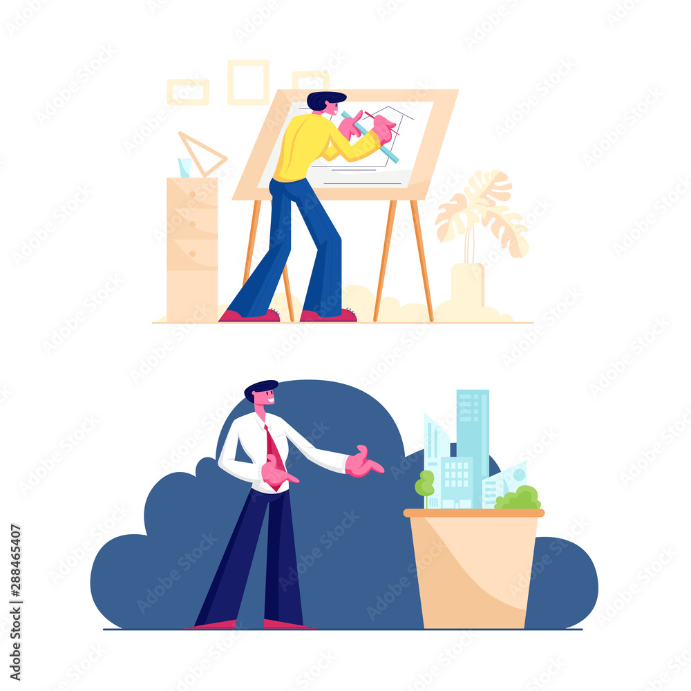 Poster building and engineering construction concept. man architect engineer working on project painting pl