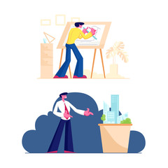 Building and Engineering Construction Concept. Man Architect Engineer Working on Project Painting Plan on Blueprint and Presenting Model of House Mock Up for Customers Cartoon Flat Vector Illustration