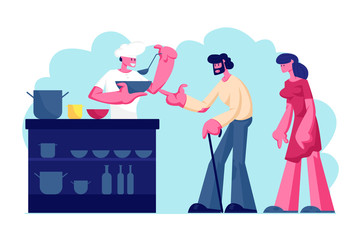 Night Shelter for Homeless, Emergency Housing, Temporary Residence for People, Bums and Beggars Without Home. Poor Man and Woman Stand in Queue for Getting Warm Food. Cartoon Flat Vector Illustration