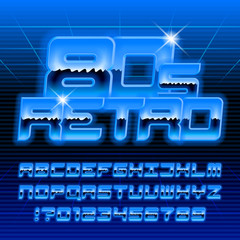 80s retro alphabet font. Glow letters and numbers in blue colors. Stock vector typeface for your typography in retro 80 style.