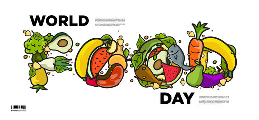 World Food Day Banner Vector Illustration Various Food, Fruits, and Vegetables. Vector Colorful Lettering Food Doodle  Illustration for Website, Landing Page, Banner, Poster, Print, Story.