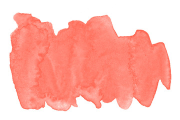 Living coral watercolor is a trendy color, an isolated stain with fancy real stains and borders. Frame with copy space for text.
