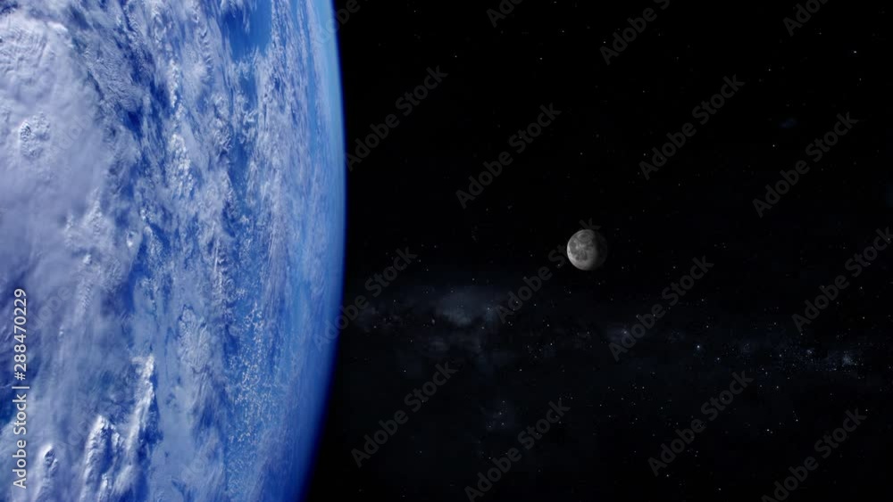 Wall mural earth view from space sun setting dawn dark effect blue ocean and clouds on the left, moon rotating 