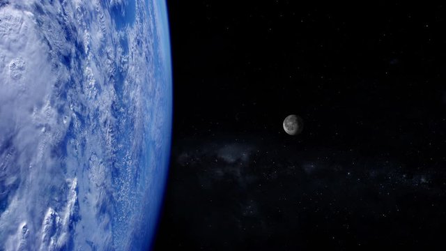 Earth view from space sun setting dawn dark effect blue ocean and clouds on the left, moon rotating and milky way in background. Contains public domain items by Nasa