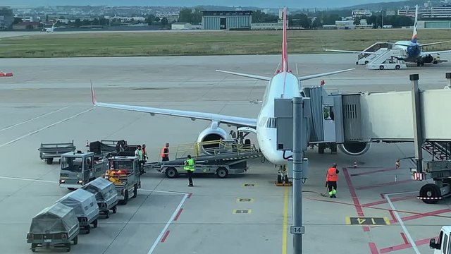 baggage loading on a plane at the airport stuttgart germany