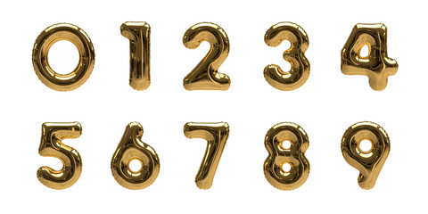 Simple golden Foil Helium Balloon Numbers Illustration Set (Rendering), isolated on a white background