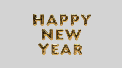 Simple Happy New Year Text Illustration (Rendering) with gold Foil Helium Balloons, isolated on a gray Background