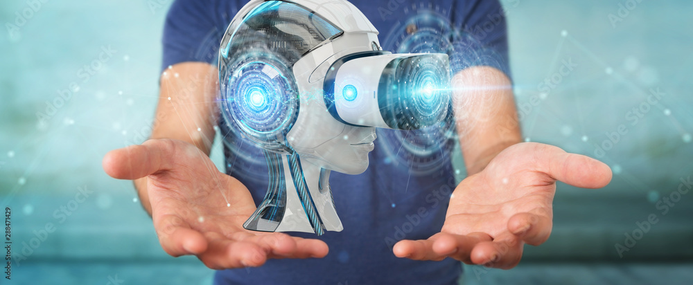 Poster businessman using virtual reality and artificial intelligence 3d rendering