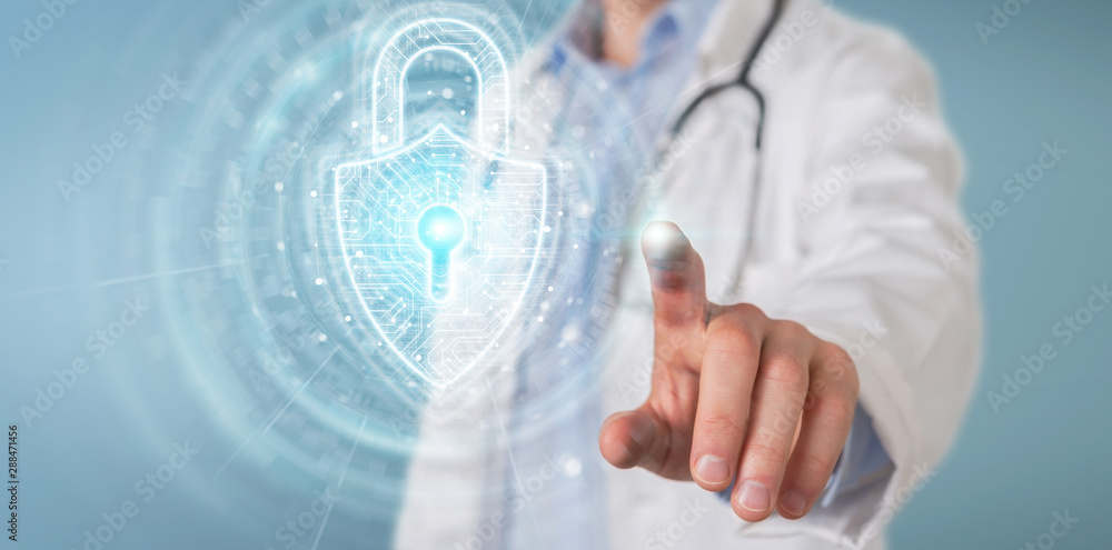 Aufkleber Scientist  using digital padlock security interface to protect datas 3D rendering