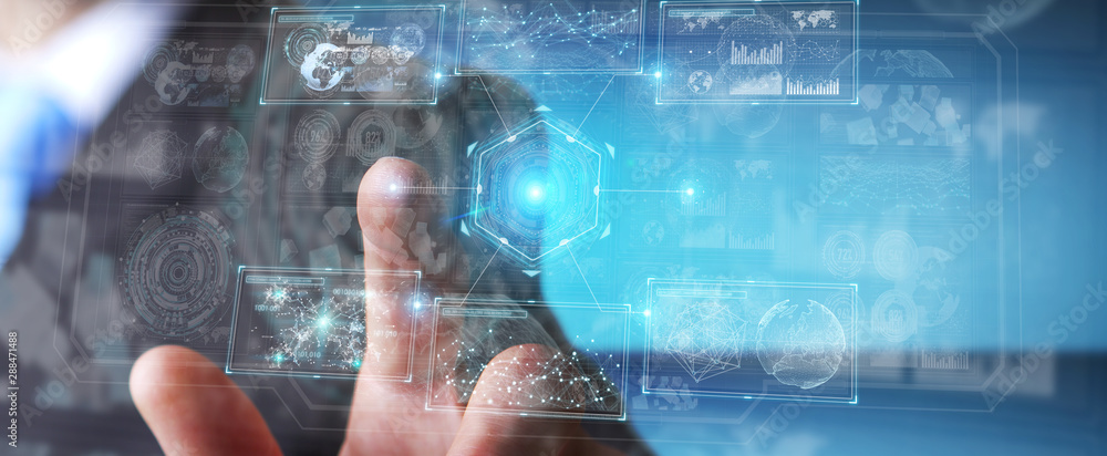 Poster Businessman using digital technological interface with datas 3D rendering