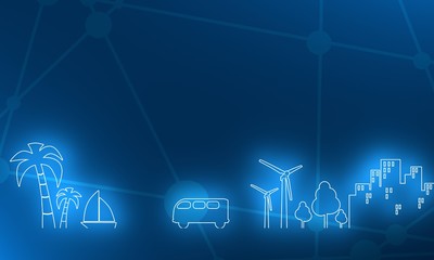 City and tropical recreation relative silhouettes. Retro bus moving to cruise ship and palm. Ecology linear design concept. 3D rendering. Neon bulb illumination