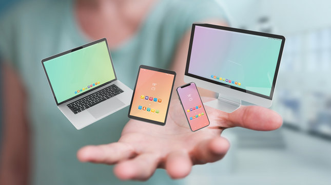 Woman connecting modern smartphone tablet laptop and computer 3D rendering