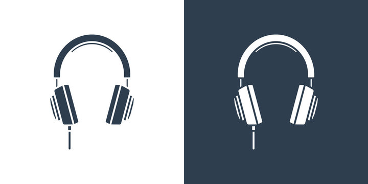 Set of two simple flooded with color headphones icons. In dark blue and white variation.