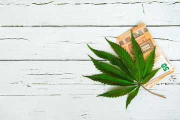 Cannabis leaf with euro banknotes on the table. Cannabis sale legalization concept. Flat lay