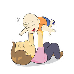 lovely dad lift his son on above. happy and smile. vector illustration isolated cartoon hand drawn. good family