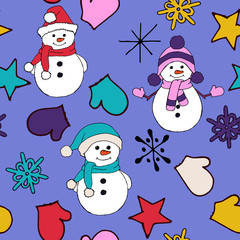 Christmas seamless pattern with snowman, fir trees and snowflakes. Perfect for wallpaper, wrapping paper, pattern fills, winter greetings, web page background