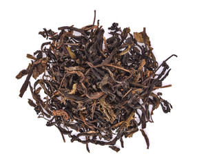 Dry tea leaves isolated on white background.top view