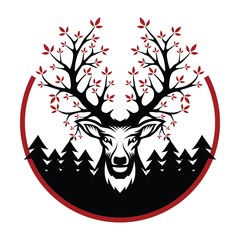 Elk Deer Logo icon vector with leaf in horn. Vintage Head forest background.