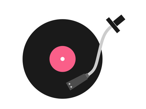 Vinyl disc and arm and head of record player. Minimalist vector illustration isolated on white.